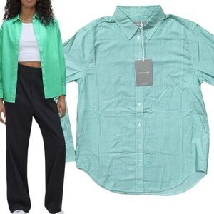 Everlane Relaxed Striped Button Down Shirt 0‎ Green Cotton Classic Normcore Boxy